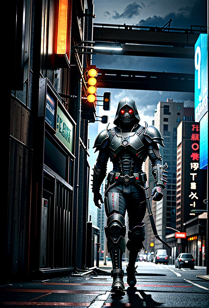 (extremely detailed 8k wallpaper), a medium shot photo of cyberpunk scary Grim dressed as a dirty green supervillain in an armour made of red glowing wires from marvel, horror theme, intricate, high detail, dramatic, old scary building in the background