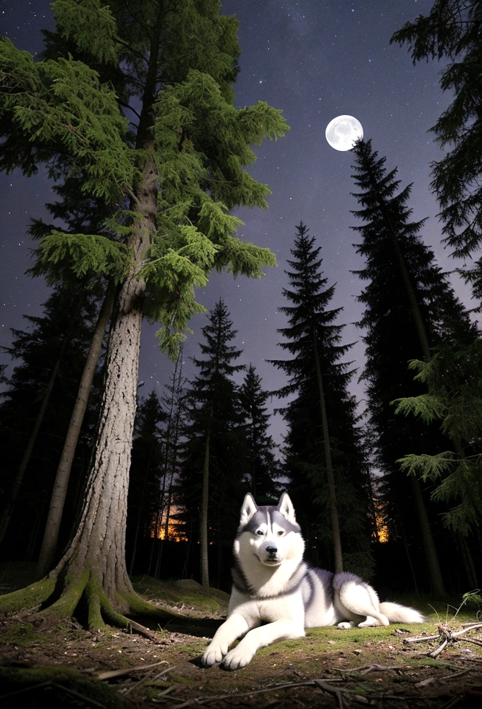 Siberian husky in the forest.Lying at the base of a tree、Rin々A good appearance、Moonlit Night