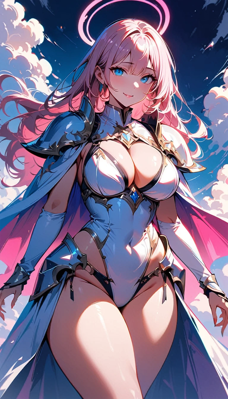 (high quality, 8k, 4K, high contrast, artwork:1.2, high quality, best aesthetics), (dynamic angle), ((1 woman)), erotic, sensual, mature body, super detailed, beautiful face detailed, beautiful eyes detailed, detailed beautiful mouth, sexy body, perfect breats, perfect wide thighs, light pink hair, long light pink hair, wavy light pink hair, blue eyes, white medieval armor with sexy pink details, cleavage, shoulder pads, long white cape, exposed thighs, exposed belly, pink angel halo, smiling, calm facial expression, standing erect, looking at the viewer, centered, above the clouds, clear sky.