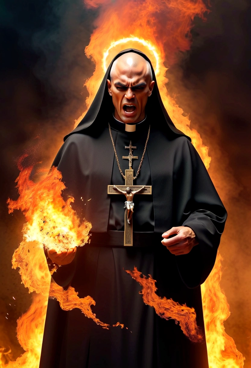 Create an image with an ultra realistic maromba muscular priest in cassock tearing up with so much muscle the priest has a face with an angry expression with a crucifix in his hand expelling demons with a fire background the desperate demon full hd com a biblia aberta