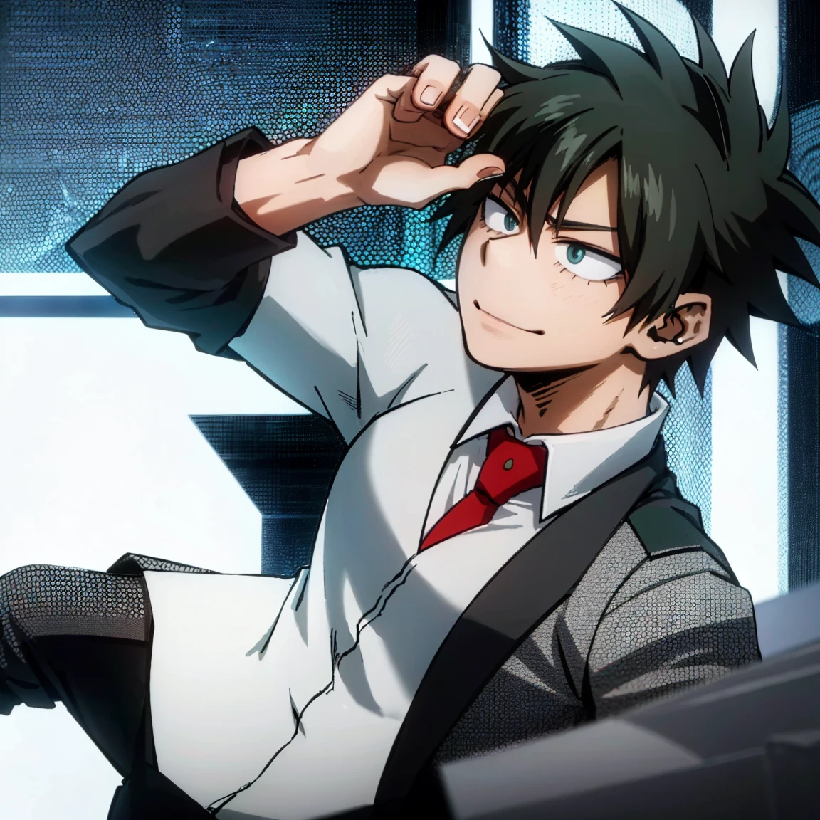 1boy, male focus, boku no hero academia, masterpiece, best quality, very aesthetic, muscular body, spiked up hair, black hair, green eyes, smirk, gray jacket, red tie, white shirt, teal pants, boots