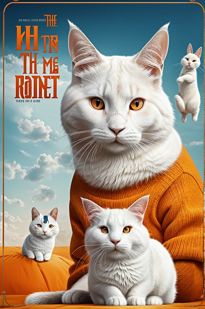Movie poster of a white rabbit with a white cat with gray on the right and an orange cat on the left, The title of the movie is "flor"