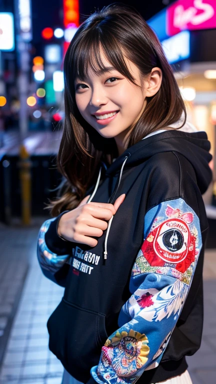 Highest quality, masterpiece, Ultra-high resolution, (Realistic:1.4), Raw photo, Very detailed, Perfect Anatomy, Super detailed,
One girl, , The most famous Japanese idols, laughing out loud, Midnight on Tokyo's main street, Totally drunk,((The whole body is visible)),
Wearing a gorgeous hoodie with a cool design,
Very cute drunk face like the most popular Japanese actress, Very beautiful big black round drunken eyes, Very beautiful lips, Very beautiful realistic drunk skin,
A gorgeous hoodie with cool design and attention to detail, Detail of Tokyo's main street at midnight, detailed situation of Totally drunk