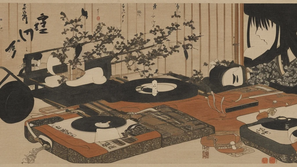 Japanese painting、music、headphone、DJ、record