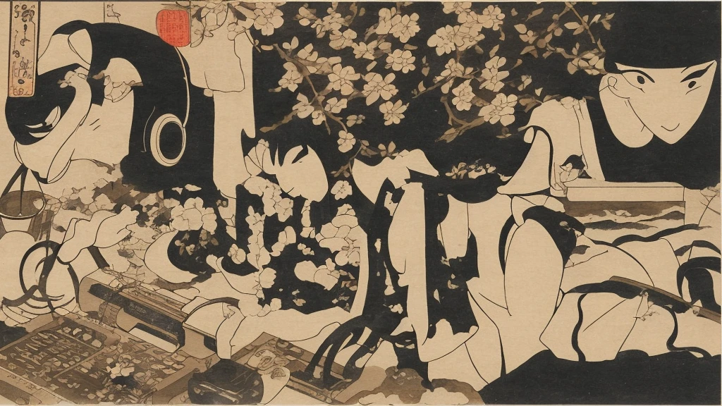 Japanese painting、music、headphone、DJ、record