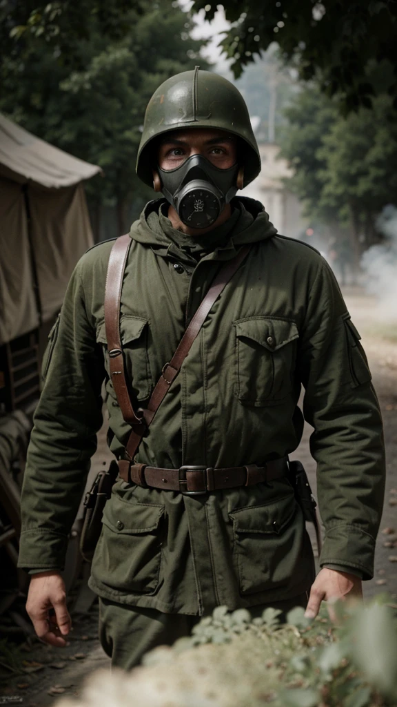 A man with gas mask in 1918s German soldier WWI