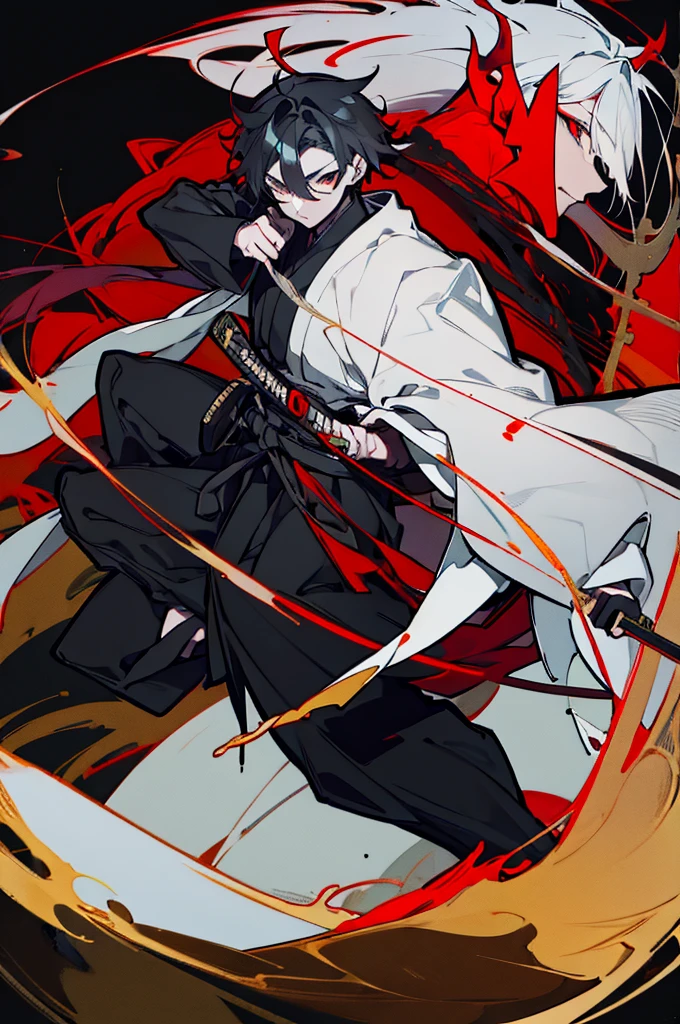 a close up of a person with a sword and a guy with a red dress, handsome guy in demon slayer art, best anime character design, detailed anime character art, anime character; full body art, anime character design a death god, character adoptable, handsome japanese demon boy, bloody + concept art, official character art, onmyoji detailed art, beautiful male god of death a close up of a person in a black dress with a gold belt, flowing white robes, black haired deity, genshin impact character, golden-black robes, picture of a male samurai and death god, d&d dark sun character art, official character art, holding a katana, holding a katana, holding a katana, holding a katana, holding a katana, bloody, bloody, bloody, bloody, red and golden effects, red and golden effects, red effects, golden effects, black and white hair, black and white hair, black and white hair, black and white hair, black and white hair, golden effects, golden effects