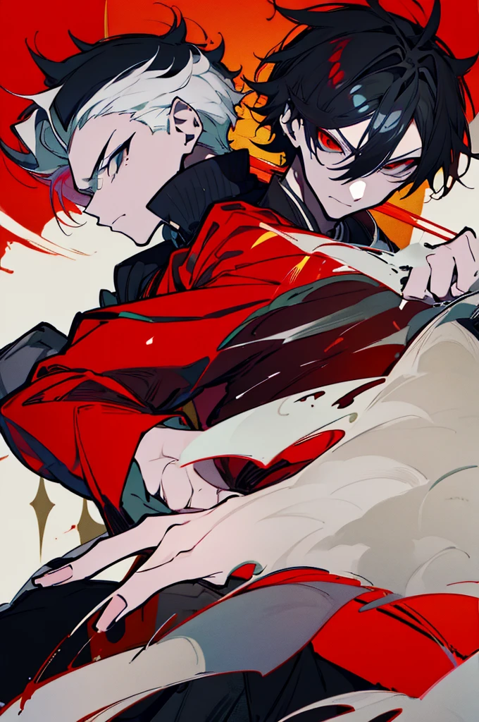 a close up of a person with a sword and a guy with a red dress, handsome guy in demon slayer art, best anime character design, detailed anime character art, anime character; full body art, anime character design a death god, character adoptable, handsome japanese demon boy, bloody + concept art, official character art, onmyoji detailed art, beautiful male god of death a close up of a person in a black dress with a gold belt, flowing white robes, black haired deity, genshin impact character, golden-black robes, picture of a male samurai and death god, d&d dark sun character art, official character art, holding a katana, holding a katana, holding a katana, holding a katana, holding a katana, bloody, bloody, bloody, bloody, red and golden effects, red and golden effects, red effects, golden effects, black and white hair, black and white hair, black and white hair, black and white hair, black and white hair, golden effects, golden effects