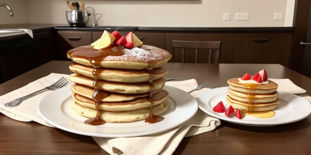 The image must be drawn in horizontal orientation, in order to capture the full extent of the delicious stack of pancakes. Certifique-se de que as panquecas estejam empilhadas de forma a ocupar grande parte da cena, with minute details and textures that highlight its appetizing appearance. The arrangement of utensils next to the stack of pancakes must also follow a horizontal orientation., ensuring that the composition of the scene is harmonious and balanced.