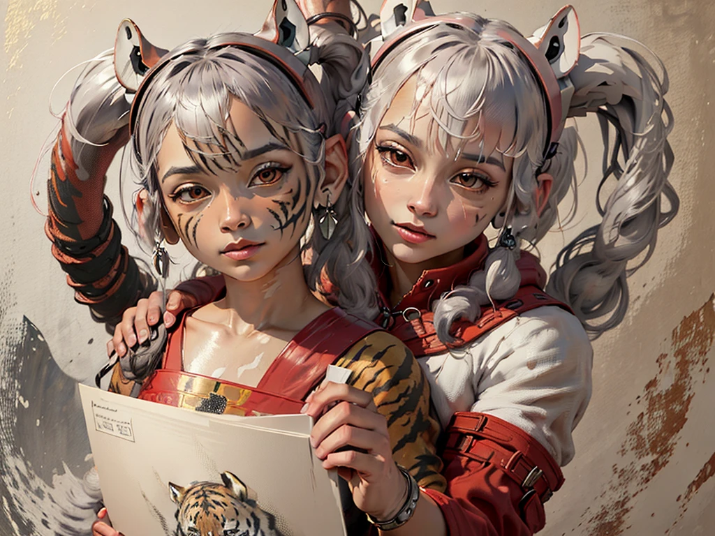 Oil painting of a tiger with a humanoid appearance red feather earrings face painting oil painting style best quality holding the head of a dragon parchment type background antique grayscale painting