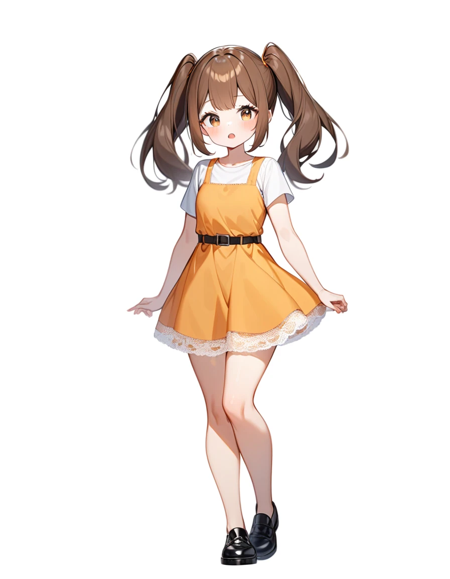 girl, Brown hair, two ponytails in hair, orange strands of hair, Brown eyes, White T-shirt, orange sundress, black shoes, Black Belt, Short skirt, white lace at the end of the skirt, White background, full height,