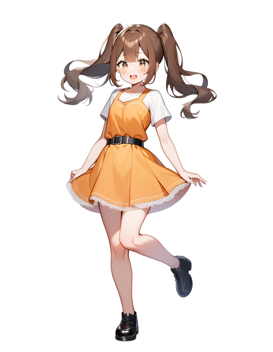 girl, Brown hair, two ponytails in hair, orange strands of hair, Brown eyes, White T-shirt, orange sundress, black shoes, Black Belt, Short skirt, white lace at the end of the skirt, White background, full height,