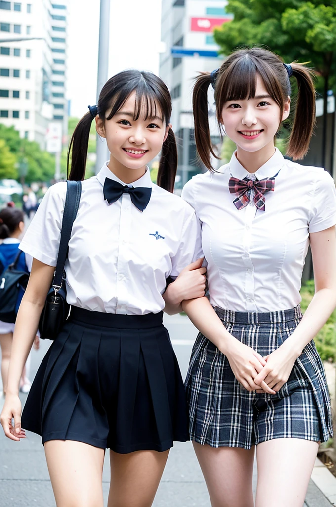 2 girls walking in Japanese city,short-sleeved white leotard white collar and plaid bow tie,school bags,18-year-old,bangs,a little smile,large bare thighs,knees,legs apart,short hair with low pigtails,from before,front light