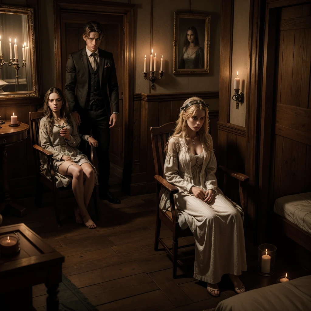 Chapter 6: O Desespero Final"Caroline is tied to a chair in the attic, with a look of despair and panic. Violet and Luke are preparing the possession ritual around her, with voodoo symbols and lit candles. Caroline&#39;s expression shows her internal struggle and growing fear. The atmosphere is oppressive and charged with tension."