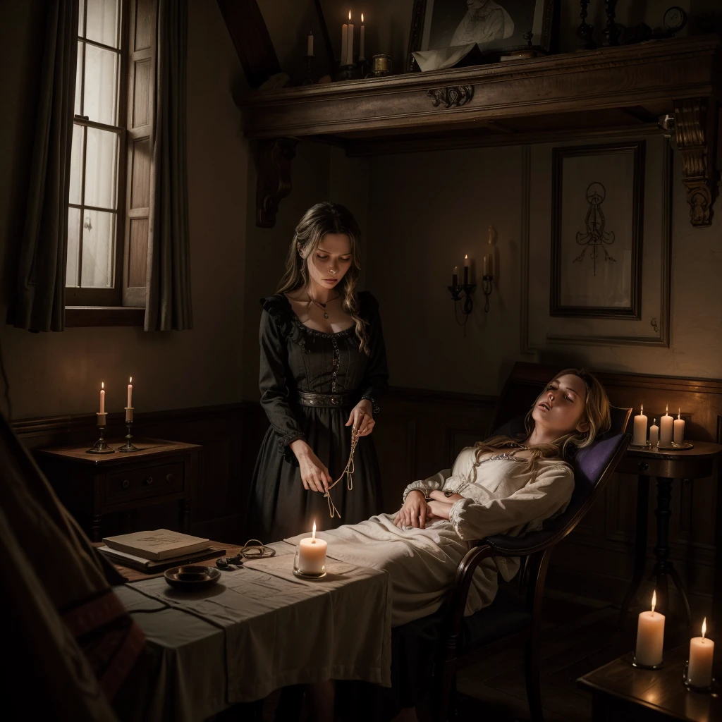 Chapter 6: O Desespero Final"Caroline is tied to a chair in the attic, with a look of despair and panic. Violet and Luke are preparing the possession ritual around her, with voodoo symbols and lit candles. Caroline's expression shows her internal struggle and growing fear. The atmosphere is oppressive and charged with tension."