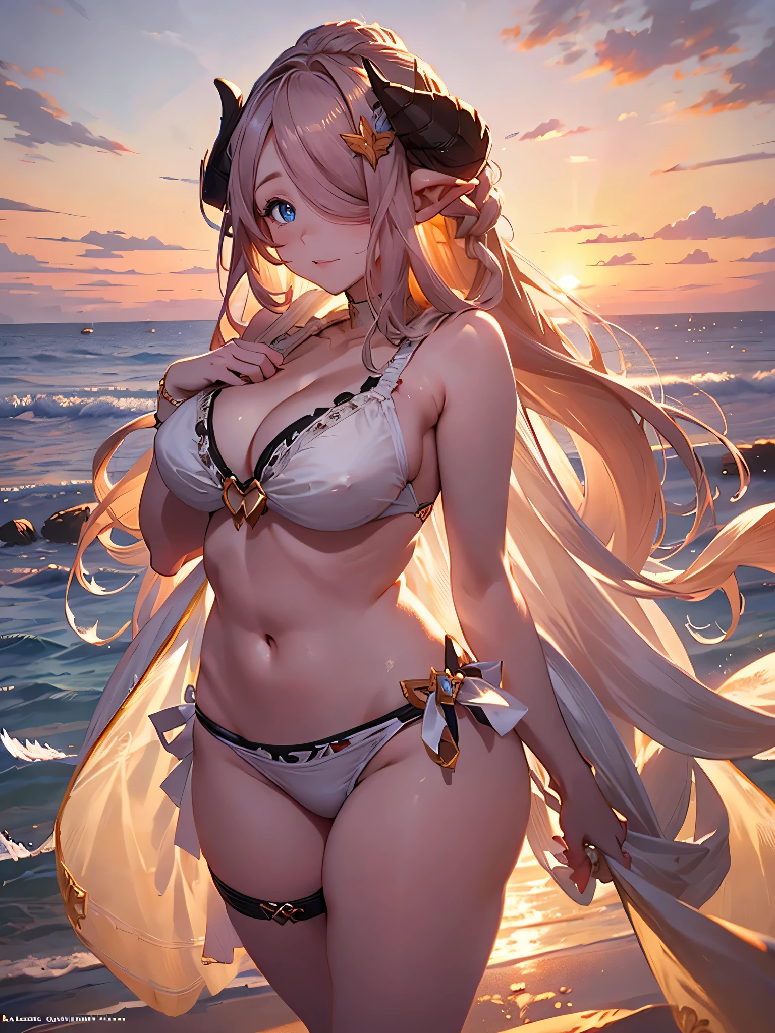 Narmaya, white bikini, beautiful detailed eyes, beautiful detailed lips, extremely detailed face, long eyelashes, long flowing hair, beach, sand, ocean waves, sunset sky, golden hour lighting, cinematic composition, photorealistic, hyper detailed, 4k, best quality