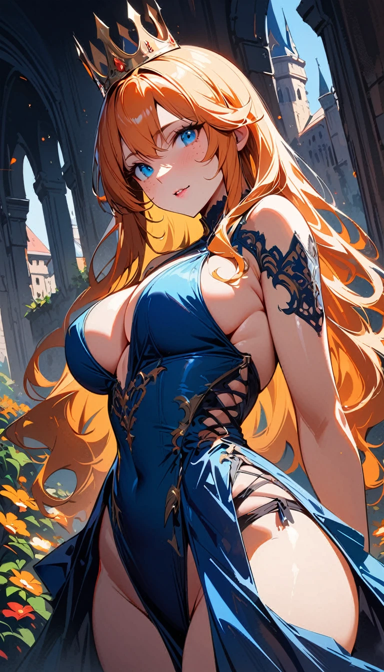 (high quality, 8k, 4K, high contrast, artwork:1.2, high quality, best aesthetics), (dynamic angle), ((1 woman)), erotic, sensual, mature body, super detailed, beautiful face detailed, beautiful eyes detailed, detailed beautiful mouth, sexy body, perfect breats, perfect wide thighs, orange hair, long orange hair, straight orange hair, blue eyes, long eyelashes, freckles on the cheeks, calm facial expression, long blue dress, princess crown, standing, erect posture, centered, looking at the viewer, flower garden courtyard, medieval castle in the background.