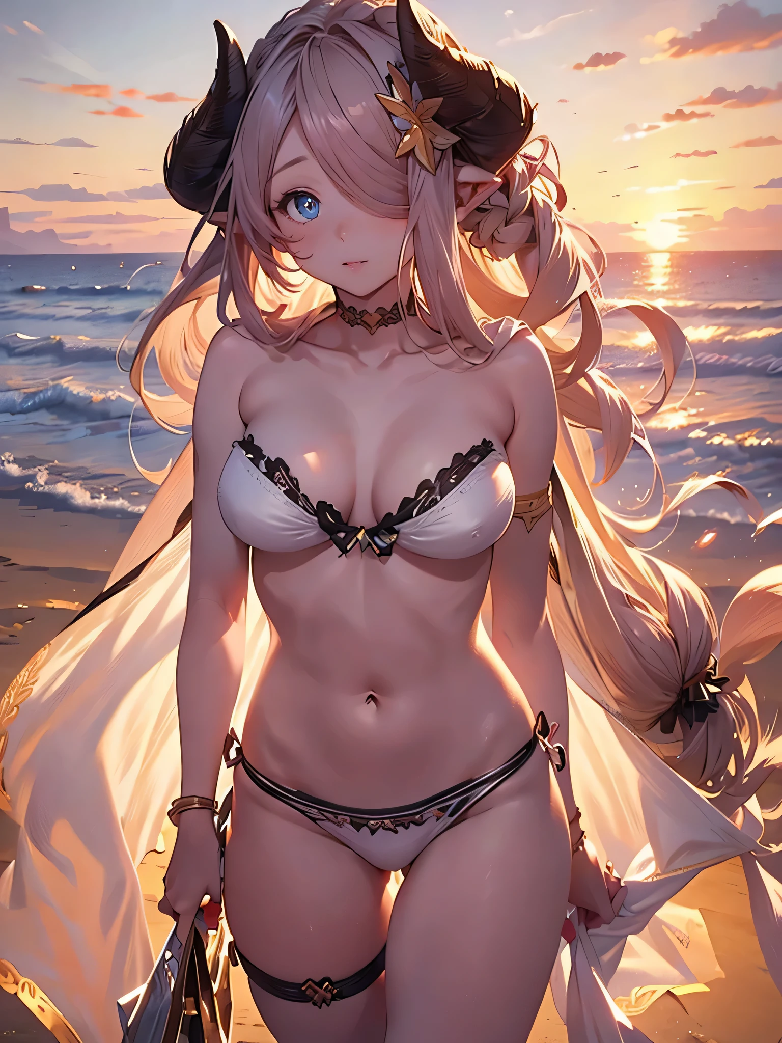 Narmaya, white bikini, beautiful detailed eyes, beautiful detailed lips, extremely detailed face, long eyelashes, long flowing hair, beach, sand, ocean waves, sunset sky, golden hour lighting, cinematic composition, photorealistic, hyper detailed, 4k, best quality