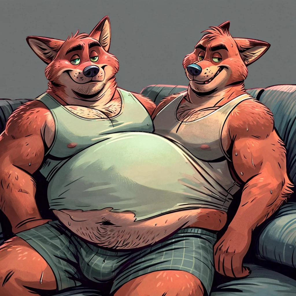 solo, nick wilde, two identical heads on one body, ears, tail, masculine, necks, pixar eyes, adult, male, 50 years old, by dramamine, (ugly, fat, dadbod, chubby, big belly, sweaty, solid gray background, (white sleeveless shirt, boxers), correct hands, correct anatomy, (ultradetailed, best quality, detailed masterpiece, highly detailed masterpiece, 4k, professional cartoon), (natural pose, sitting on couch, nuanced expressions)