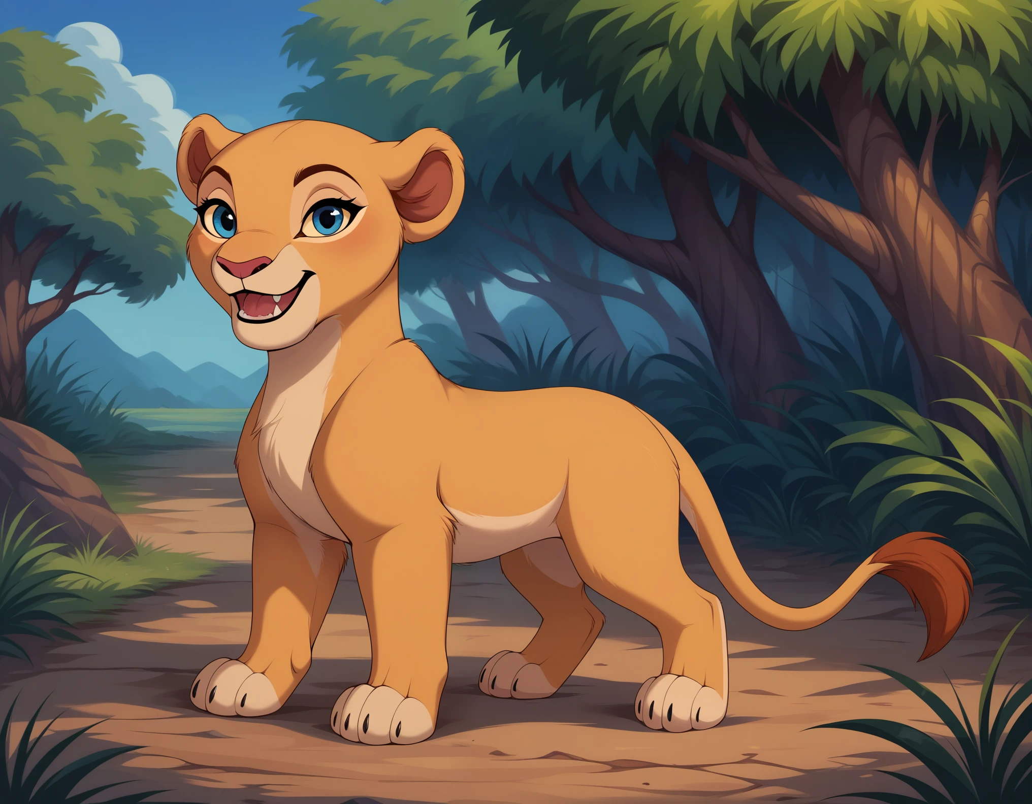 score_9, score_8_up, score_7_up, score_6_up, rating_safe, source_furry, disney, lioness, young female, (young nala), standing, solo, feral, (4 toes), weak paw, blue eyes, (lidded eyes:1.0), cub, (smile:0.3), open mouth, fang, white teeth, playful, looking at viewer, (dewclaw:0.5), 