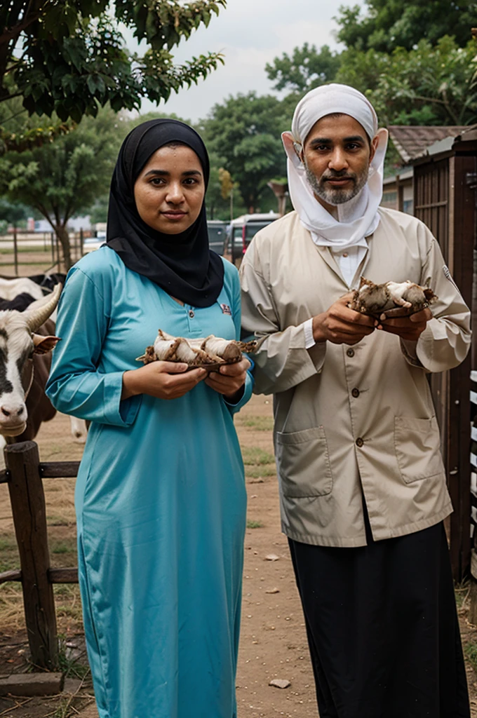 People dressed in Muslim clothes holding cows and goats