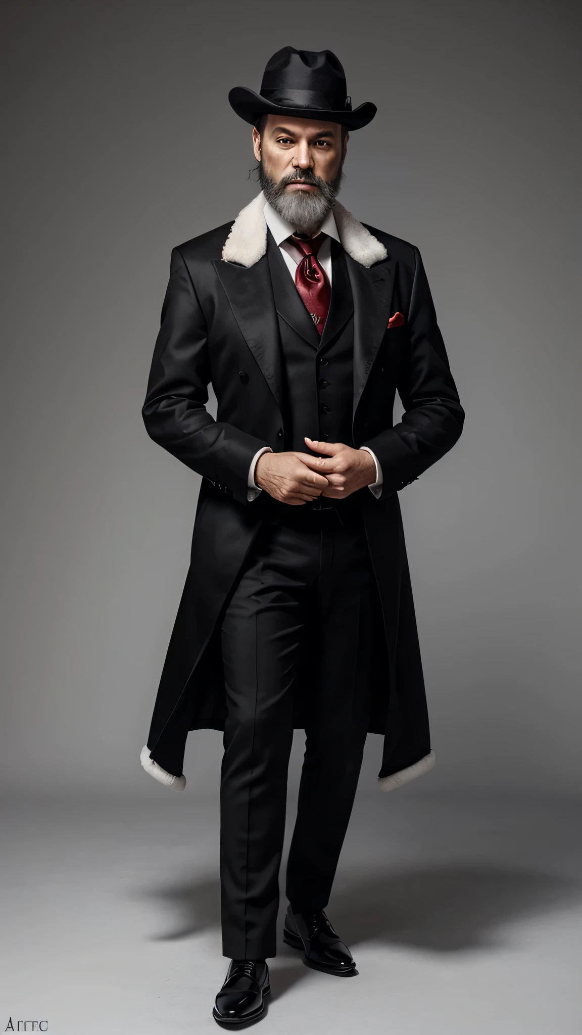 game character man in black suit and fur collared coat aristocrat style red vest middle aged black and white hair and beard holding fancy classic cane  hat 