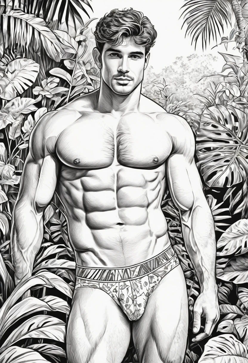 Coloring page for adults, com arte em preto e branco, um homem bonito, com lindos olhos, vestindo apenas cueca brancos, com estilo cativante, galante, sedutor, muito sensual, sexually provocative action, large volume of penis highlighted in underwear, comprimento total do corpo, desenho ultra detalhado, this man is in a jungle, com uma bela paisagem, estilo realista, fundo branco, sketch style, apenas contornos, estilo de desenho animado, Linhas finas, livro de colorir, Linhas limpas, sharp lines, arte de linha limpa altamente detalhada, obras de arte requintadas.