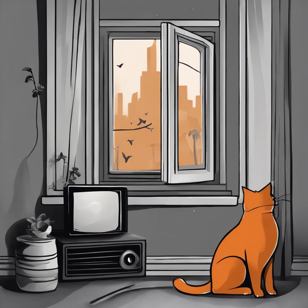 Chico de pelo naranja en habitacion gris estilo lo-fi con instrumentos musicales, gato en la ventana, notas musicales flotando