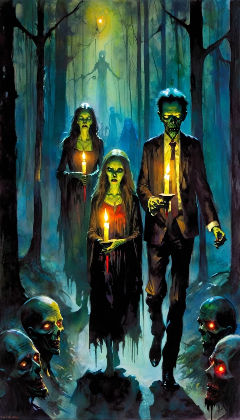 The holy company is a procession of zombies, in two lines and each one carries a candle in their hands, thus they travel the dark paths of the night forest (art inspired by Bill Sienkiewicz). oil painting)