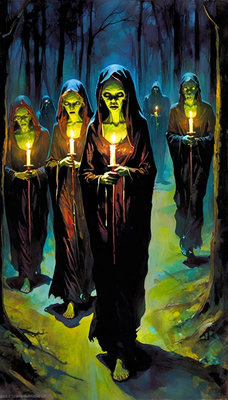The holy company is a procession of zombies, in two lines and each one carries a candle in their hands, thus they travel the dark paths of the night forest (art inspired by Bill Sienkiewicz). oil painting)

