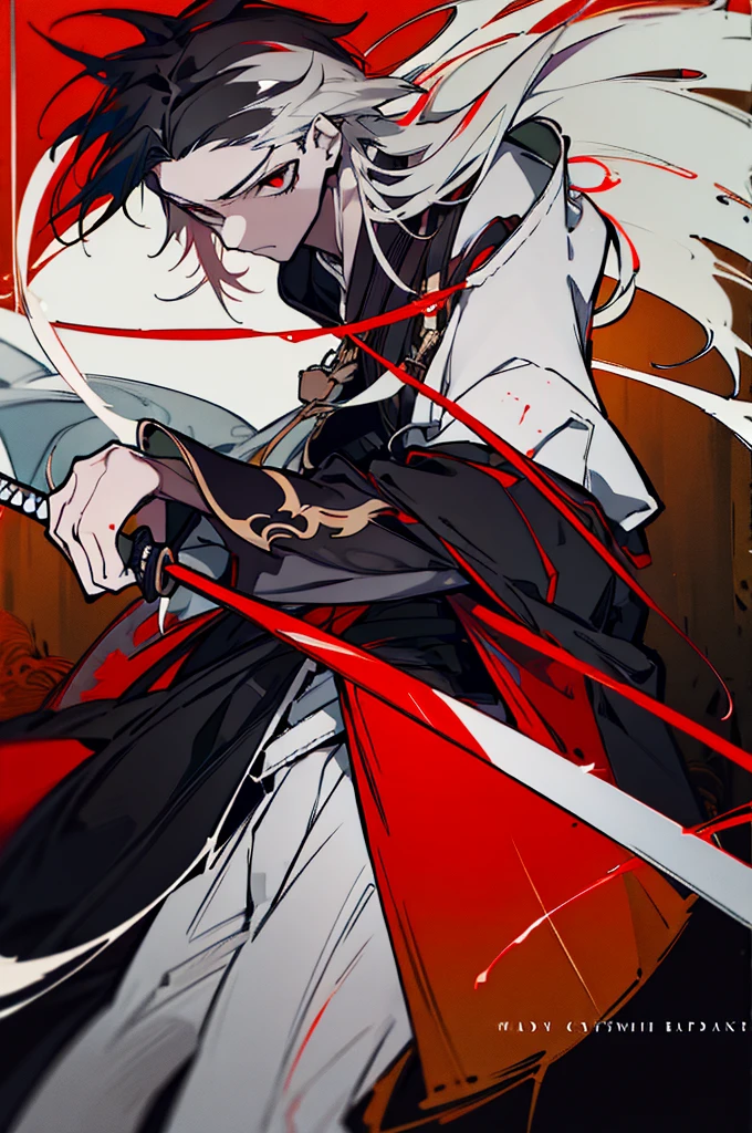 a close up of a person with a sword and a guy with a red dress, handsome guy in demon slayer art, best anime character design, detailed anime character art, anime character; full body art, anime character design a death god, character adoptable, handsome japanese demon boy, bloody + concept art, official character art, onmyoji detailed art, beautiful male god of death a close up of a person in a black dress with a gold belt, flowing white robes, black haired deity, genshin impact character, golden-black robes, picture of a male samurai and death god, d&d dark sun character art, official character art, holding a katana, holding a katana, holding a katana, holding a katana, holding a katana, bloody, bloody, bloody, bloody, red and golden effects, red and golden effects, red effects, golden effects, black and white hair, black and white hair, black and white hair, black and white hair, black and white hair, golden effects, golden effects