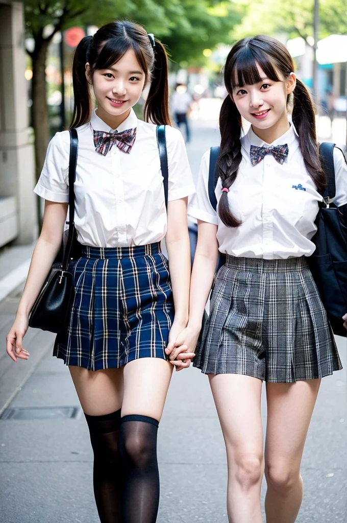 2 girls walking in Japanese city,short-sleeved white leotard white collar and plaid bow tie,school bags,18-year-old,bangs,a little smile,large bare thighs,knees,legs apart,short hair with low pigtails,from before,front light