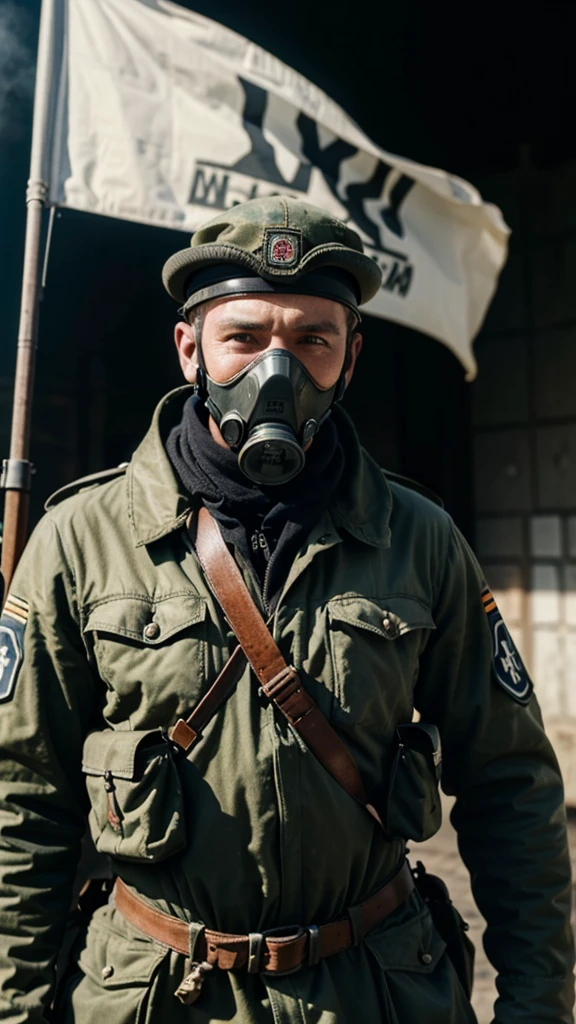 A man in gas mask in 1918s German soldier First World War holding the flag of the German inperium