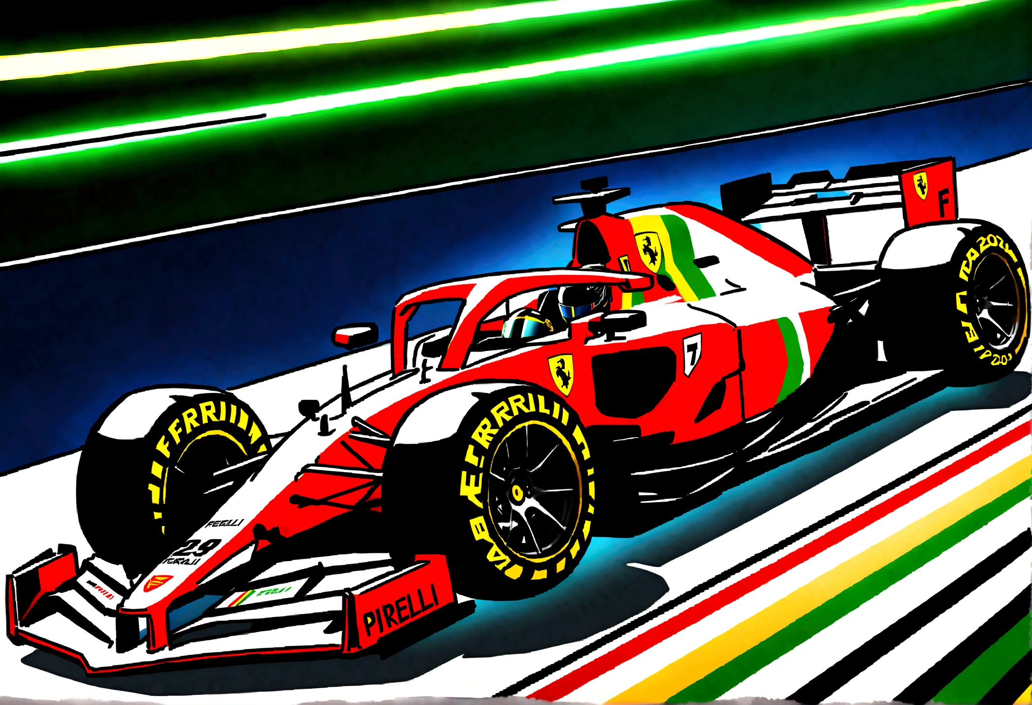 take a photo of lewis hamilton with a ferrari car ferrari red yellow green with the halo protection pirelli tires in a car as designed by the FIA ​​for 2026 and 2025 with the helmet inspired by senna's helmet green yellow and black