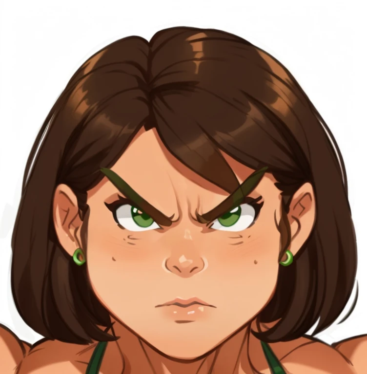 (masterpiece:1.2), (best quality), (ultra detailed), (8k, 4k, intricate),(full-body-shot:1), (highly detailed:1.2),(detailed face:1.2), (detailed background), muscle woman with brunette hair wearing green bikini flexing massive muscles, most muscular pose, woman with huge muscles, mature woman, stern expression, green eyes, angry expression