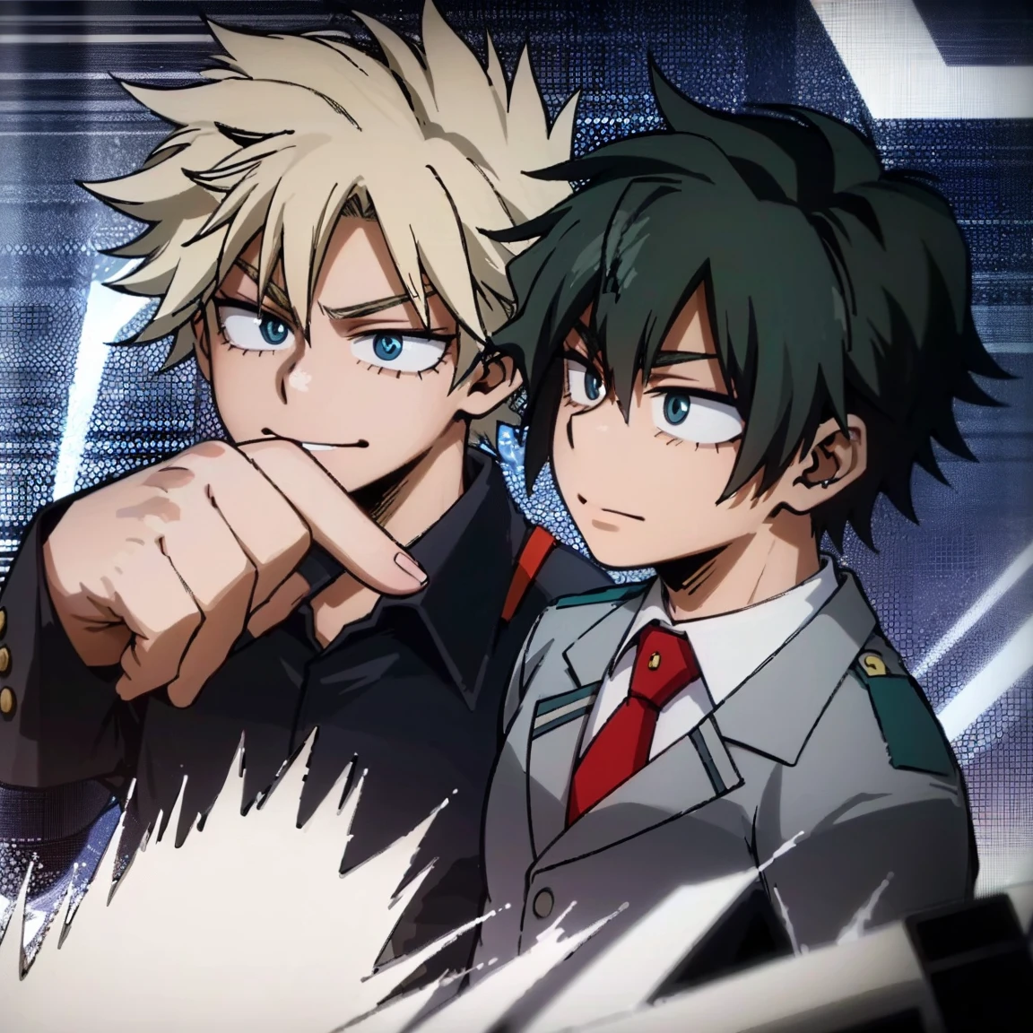 1boy, male focus, boku no hero academia, masterpiece, best quality, very aesthetic, muscular body, spiked up hair, blonde hair, blue eyes, smirk, gray jacket, red tie, white shirt, teal pants, boots 