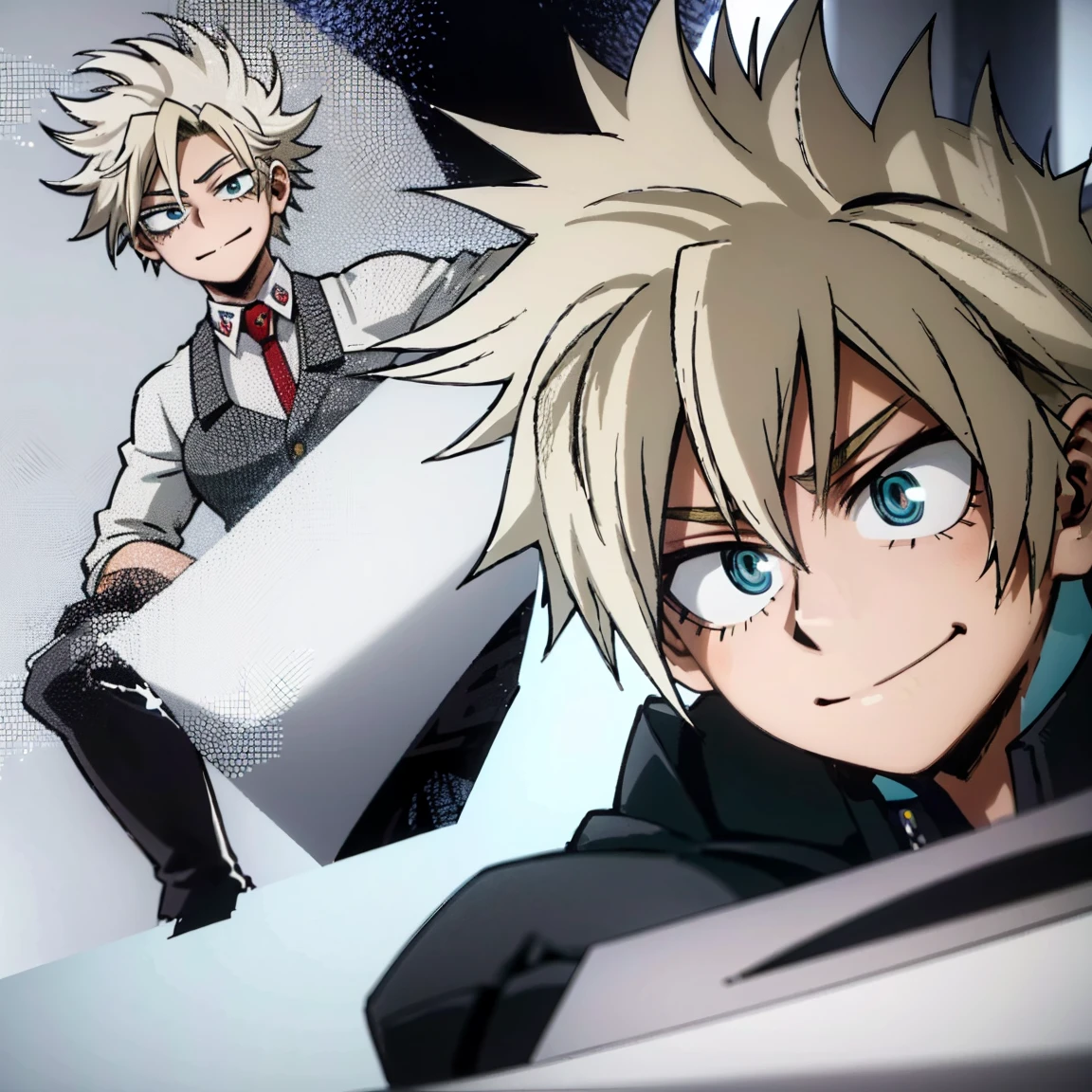 1boy, male focus, boku no hero academia, masterpiece, best quality, very aesthetic, muscular body, spiked up hair, blonde hair, blue eyes, smirk, gray jacket, red tie, white shirt, teal pants, boots 