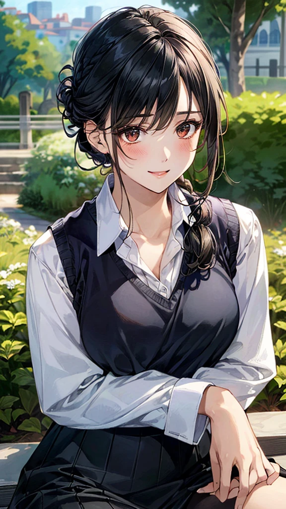 (masterpiece:1.2, Highest quality, Ultra-high resolution, Super detailed), (Realistic, photoRealistic:1.4), Beautiful illustrations, (Natural Side Lighting, Cinema Lighting), View your viewers, 1 Girl, Japanese, Adult women,30 years old, Perfect Face, (Perfect Anatomy), Cute and symmetrical face, Shiny skin, thin,(Black Hair, Updo Hair:1.4)、braided bangs、 Hair between the eyes, Swept-apart bangs, Brown eyes, Droopy eyes, Big eyes, Long eyelashes, (Large Breasts), Beautiful Hair, Beautiful Face, Beautiful attention to detail, Beautiful clavicle, Beautiful body, Beautiful breasts, Beautiful thighs, Beautiful feet, coatを着ている、((coat、(Collared long sleeve shirt:1.4), Wraparound skirt:1.4, Wearing a V-neck vest over a shirt、(V-neck vest:1.3))), (Beautiful views), Depth of written boundary, morning, (garden, distant cityscape), Sitting on a bench, (Cute smile, Upward glance, Open your mouth),