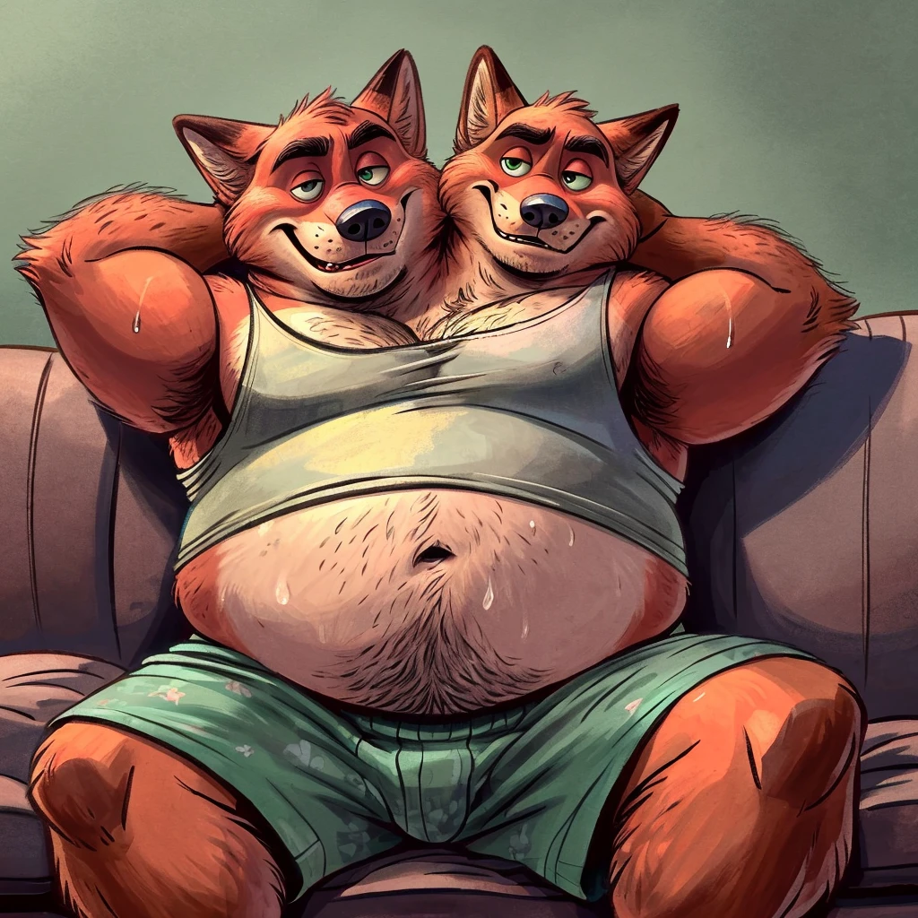solo, nick wilde, two identical heads on one body, ears, tail, masculine, necks, pixar eyes, adult, male, 50 years old, by dramamine, (ugly, fat, dadbod, chubby, big belly, sweaty, solid gray background, (white sleeveless shirt, boxers), correct hands, correct anatomy, (ultradetailed, best quality, detailed masterpiece, highly detailed masterpiece, 4k, professional cartoon), (natural pose, sitting on couch, hands behind head, nuanced expressions)