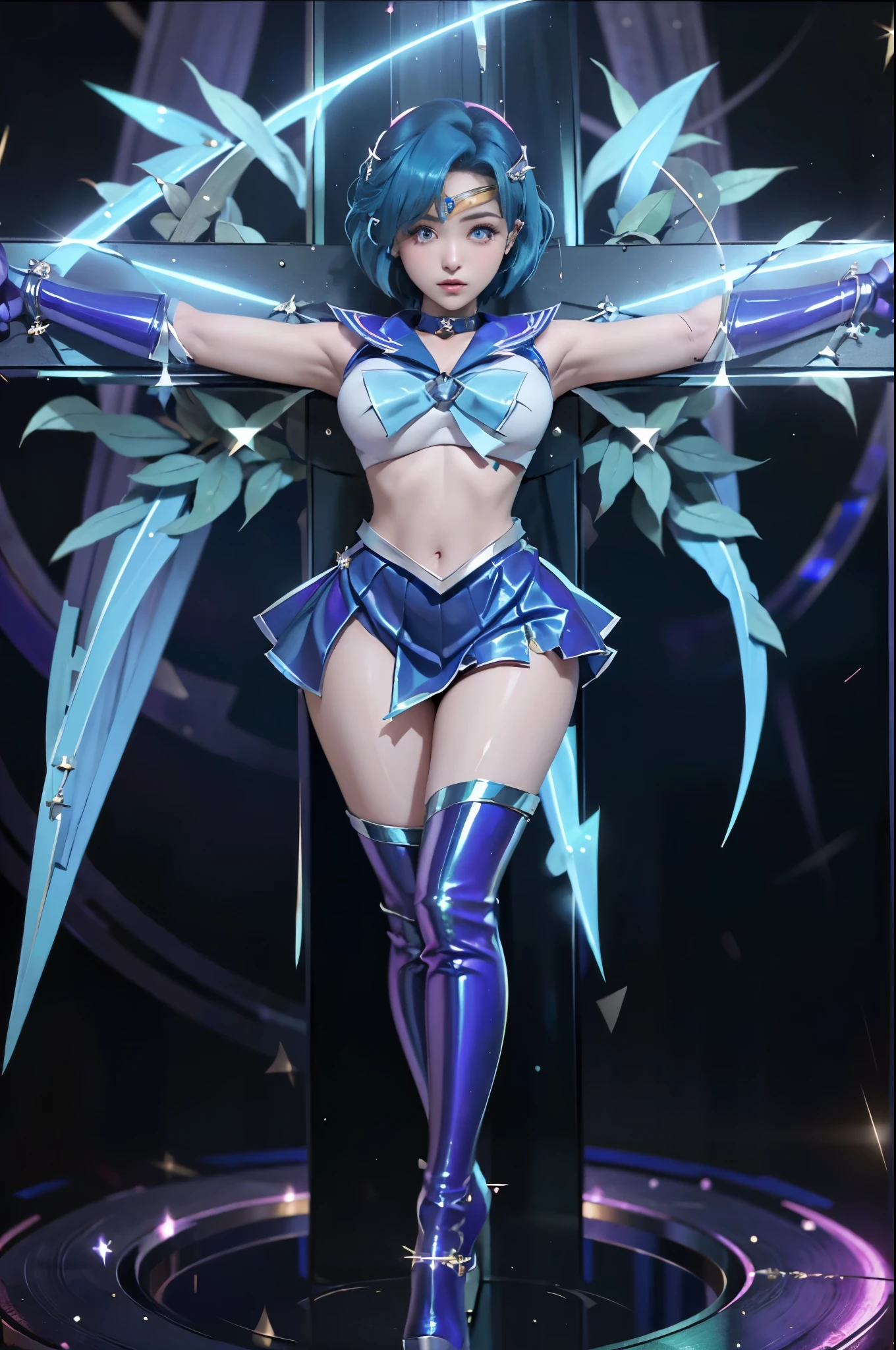 masterpiece,Highest quality, 超A high resolution, (Realistic), RAW Photos, Octane Rendering, Wearing a Sailor Mercury costume, 十字架にBeing restrained, ((Cross-shaped crucifixion 1.5)), Stainless steel crucifix, Wrists are restrained with iron shackles, Ankles are restrained with iron shackles, Mature Woman, (36 years old), Plump face:1.2, sexy, Highest quality, Very detailed, Very accurate, Mature Woman, (36 years old), Plump face:1.2, ((Wearing a Sailor Mercury costume, Being restrained)), (Detailed Sailor Mercury Costume), ((Blue sailor collar, Mini pleated skirt in blue, Exposed thighs, Long gloves, Blue long boots, Stiletto heels, choker, tiara)), (((Shiny Costume))), Blue hair color:1.2, Short Bob Hair:1.3, Big eyes:1.3, Droopy Eyes 1.2, eyes are thin and open:1.2, lips are tightly closed:1.2, eye make up:1.1, Large Breasts:1.1, Detailed eyes:1.4, Looking at the viewer:1.2, full moon, Moonlit Night ,Pink and purple nebula, 