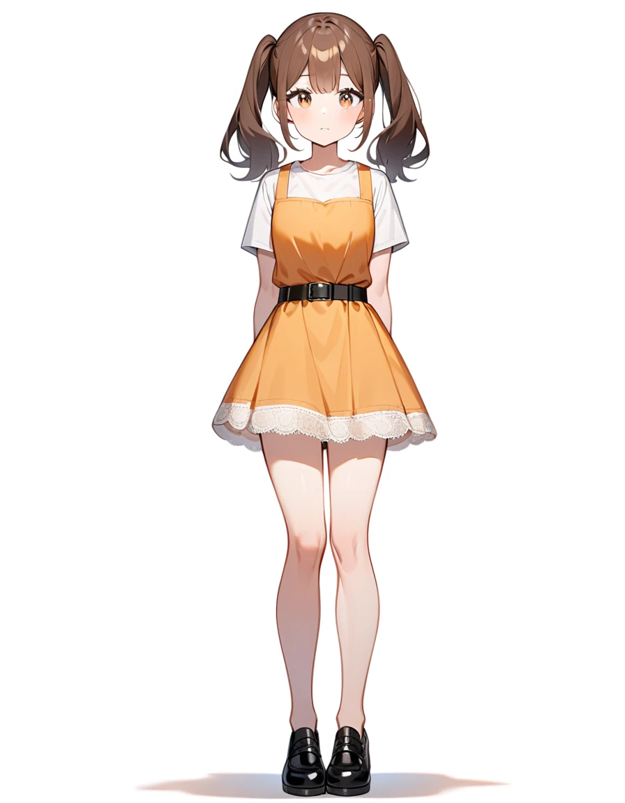 girl, Brown hair, two ponytails in hair, Brown eyes, White T-shirt, orange sundress, black shoes, Black Belt, Short skirt, white lace at the end of the skirt, White background, full height, calm,