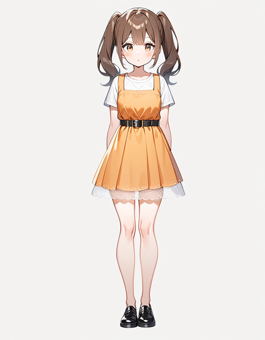 girl, Brown hair, two ponytails in hair, Brown eyes, White T-shirt, orange sundress, black shoes, Black Belt, Short skirt, white lace at the end of the skirt, White background, full height, calm,