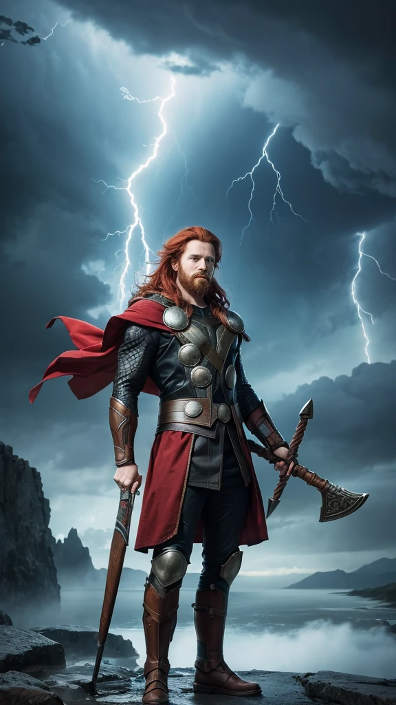 /imagine prompt: A high-resolution illustration of Thor from Norse mythology, depicted as a powerful thunder god with red hair and a red beard, wielding his magical hammer Mjölnir. He stands amidst a raging storm, lightning bolts surrounding him, with a background of dark, stormy skies and distant mountains. Created using: digital art, vibrant color palette, dynamic composition, mythological style, detailed textures, hd quality --ar 16:9 --v 6.0