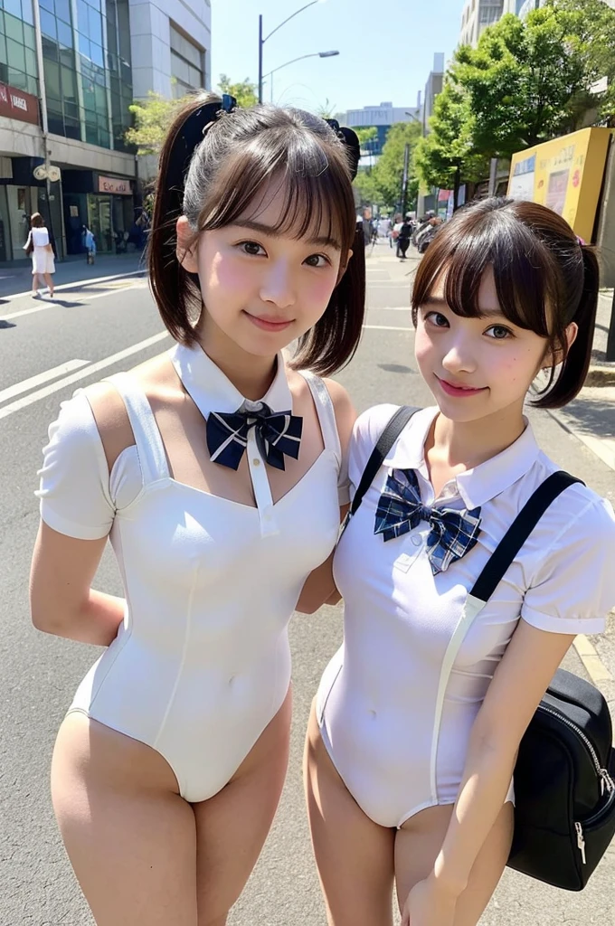 2 girls standing in Japanese city,short-sleeved white leotard white collar and plaid bow tie,school bags,18-year-old,bangs,a little smile,large bare thighs,knees,legs apart,short hair with low pigtails,from before,front light