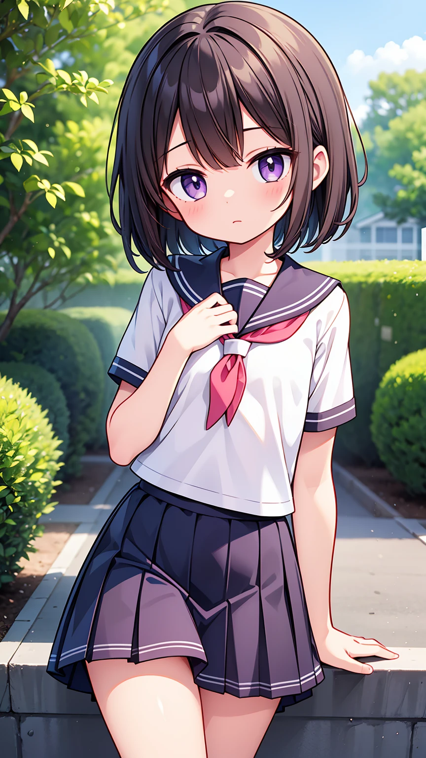 (High quality), (masterpiece), (very detailed), girl, (small chest:1.6), short brown hair, purple eyes, shy face, primary school girl, white blouse, black skirt with pleats, (loli), showing her thighs, on the school yard, sunny, school girl, (sailor uniform), confessing his love towards the viewer, spectator looked under her, adorable eyes, (school uniform), (short skirt)