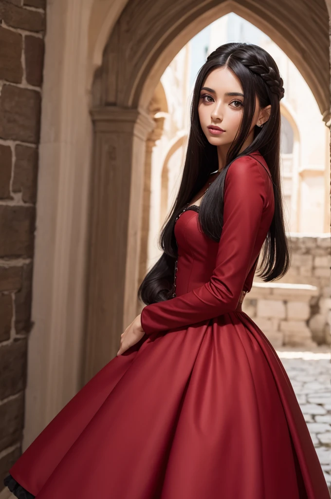 Mulher morena,cabelo negro e cacheado,Vestido vermelho medieval