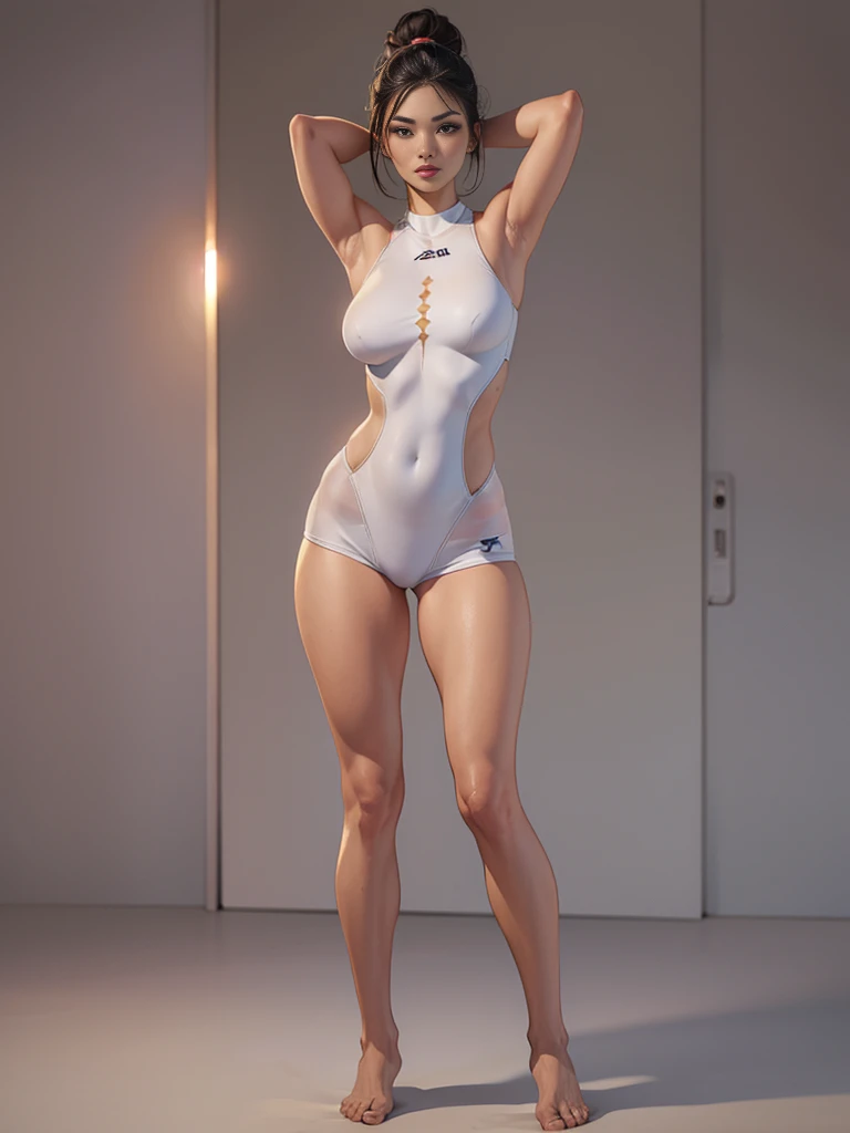 ((best quality)), ((4k)), ((highres)), ((masterpiece:1.2)). ((detailed)), ((ultra realistic)), ((intricate details)), ((full body picture)), ((character design sheet)), ((blank background)), ((standing in a blank background)), a gorgeous fit korean woman, dressed in skin-tight gym outfit, posing with her arms above her head, barefeet ((BAREFEET))
