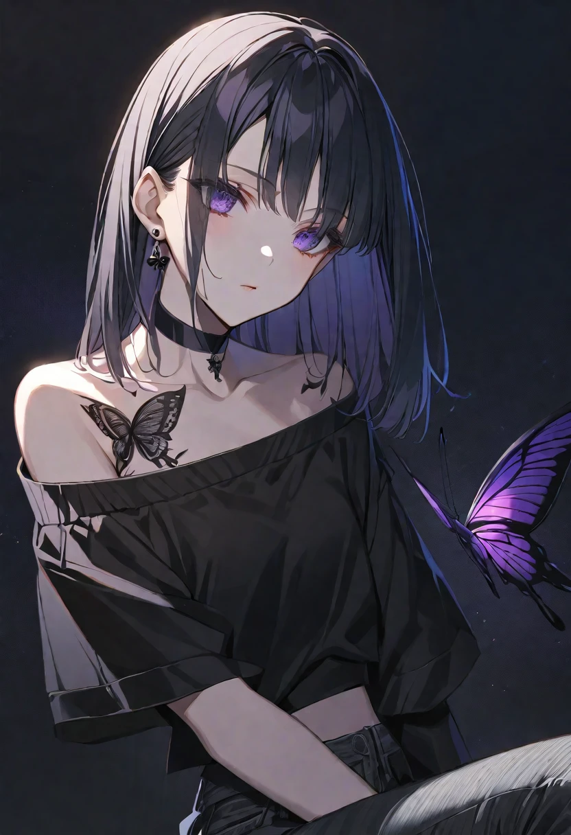 solo, handsome,
1. Female,
Hime cut,Straight Hair,Bob Hair,
black hair,
Nakano Yotsuba,
purple Eyes,Soft look,beautiful,beautiful,Sexy,Darkness,butterfly Tattoo,Lots of black earrings,choker,
black Off Shoulder,black Distressed jeans,
skin,Black Rose,
black background,