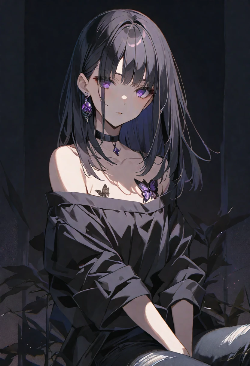 solo, handsome, 
1. Female,
Hime cut,Straight Hair,Bob Hair, 
black hair, 
Nakano Yotsuba,
purple Eyes,Soft look,beautiful,beautiful,Sexy,Darkness,butterfly Tattoo,Lots of black earrings,choker,
black Off Shoulder,black Distressed jeans,
skin,Black Rose,
black  background,