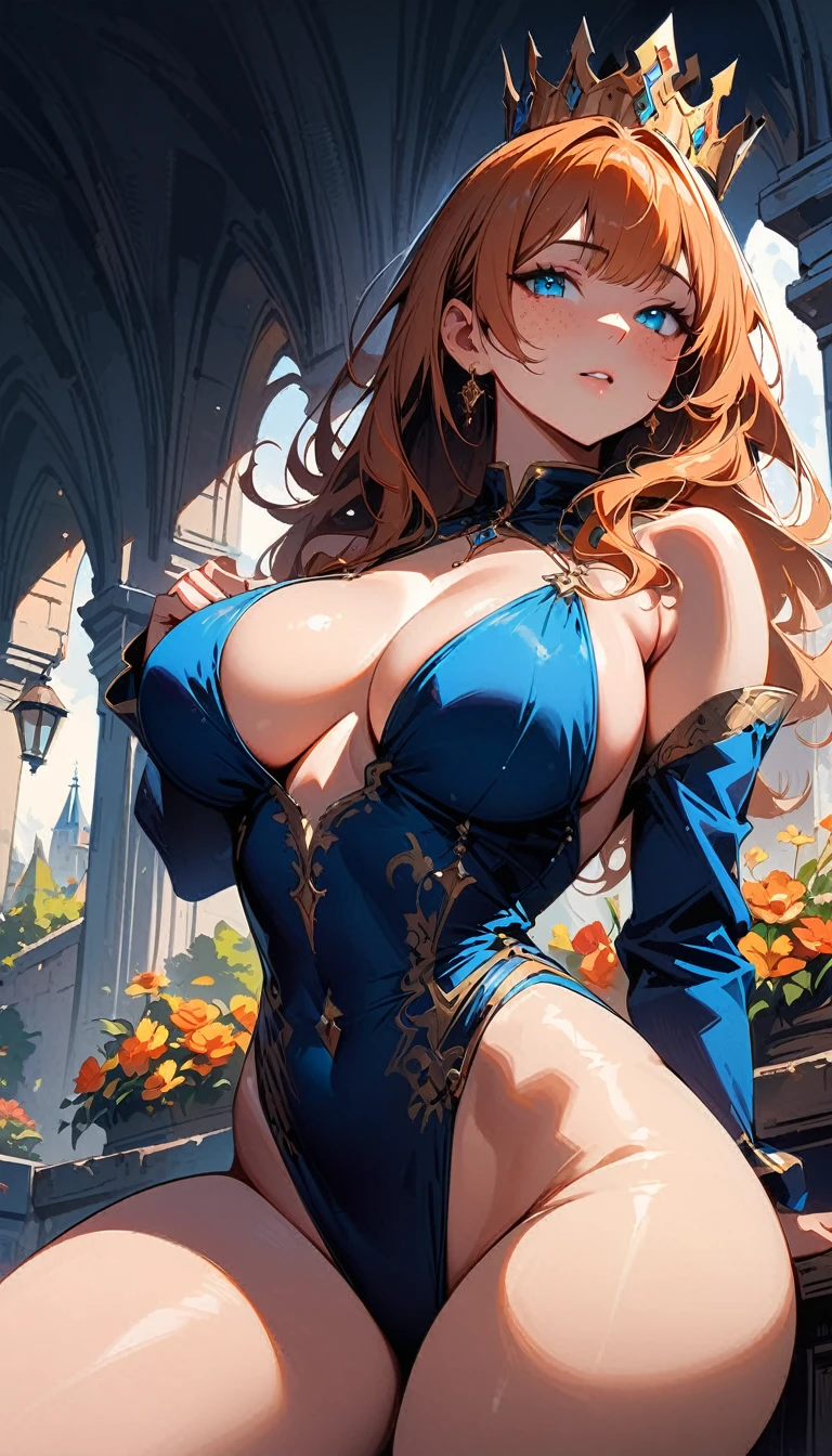 (high quality, 8k, 4K, high contrast, artwork:1.2, high quality, best aesthetics), (dynamic angle), ((1 woman)), erotic, sensual, mature body, super detailed, beautiful face detailed, beautiful eyes detailed, detailed beautiful mouth, sexy body, perfect breats, perfect wide thighs, orange hair, long orange hair, straight orange hair, blue eyes, long eyelashes, freckles on the cheeks, calm facial expression, long blue dress, princess crown, standing, erect posture, centered, looking at the viewer, flower garden courtyard, medieval castle in the background.